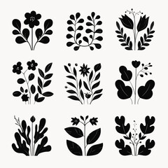 Poster - Elegant Floral Silhouettes: An artistic arrangement of nine floral illustrations, each elegantly crafted with stylized leaves and flowers, offering a graphic appeal.