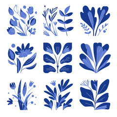 Poster - Elegant Floral Blue Illustrations: Showcasing a captivating array of blue floral illustrations, this image showcases an array of stylized flora arrangements.