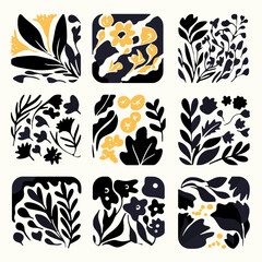 Poster - Floral Patterns Abstract: A collection of unique floral patterns, showcasing artistic arrangement of leaves, flowers and other nature elements in creative block designs.