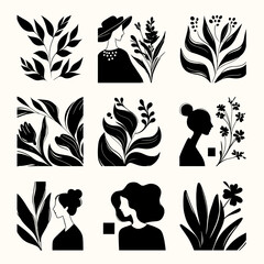 Poster - Botanical Women: A collection of elegant botanical illustrations featuring women's silhouettes intertwined with stylized foliage.