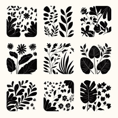 Poster - Botanical Silhouettes: A collection of intricate black and white botanical illustrations showcasing a variety of leaves, flowers, and plants.