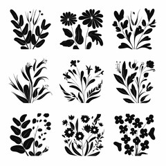 Poster - Botanical Silhouette Collection: An elegant collection of nine unique botanical silhouettes in a monochromatic scheme, depicting a variety of floral and foliar elements.
