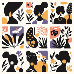 Poster - Artistic Silhouettes: The elegance and beauty of women. A vibrant display of feminine silhouettes, floral motifs and botanical elements, creating a captivating and stylish composition