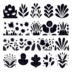 Poster - Botanical Silhouettes: An array of intricately designed botanical elements, showcased in monochrome with detailed leaves, flowers, and abstract shapes, offering artistic versatility. 