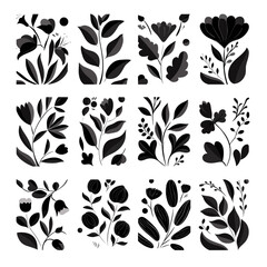 Poster - Botanical Monochrome Pattern: A stylized graphic arrangement showcasing an array of flora with detailed leaves, intricate flowers, and delicate stems, rendered in elegant monochrome.
