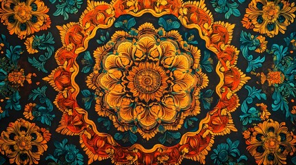 Poster - Vibrant geometric pattern, intricate orange and teal design, ideal for textiles or modern decor, adds artistic flair.