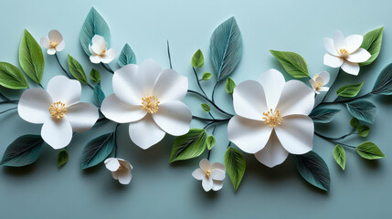 Poster - Elegant White Paper Jasmine Flowers with Green Leaves in Origami Style on Light Background - Abstract Spring Floral Art Decoration for Graphic Design and Seasonal Themes