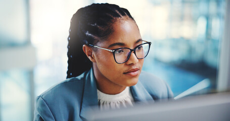 Poster - Business, thinking and woman in office, computer and online reading with revenue report. African person, financial advisor and consultant with wonder, decision and pc with email for funding or choice