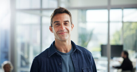 Poster - Portrait, agency and smile with business man in office for event planner, pride and creative. Exhibition organizer, happy and professional with male employee in startup or gallery and confidence