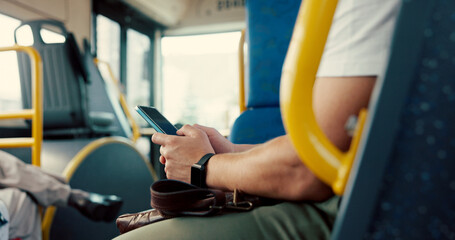 Poster - Typing, hands and person with phone on bus for travel schedule, online scroll and morning commute. Mobile app, passenger and smartphone on public transport for text message, journey and notifications