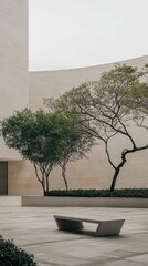 Poster - Minimalist Bench in Modern Art Museum Courtyard Surrounded by Nature
