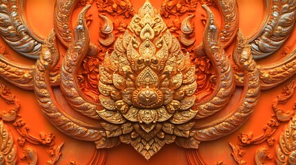 Poster - Intricate wall art, ornate floral patterns and mythical motifs, vibrant orange background showcasing craftsmanship and design.
