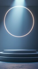 Poster - Minimalist Stage with Podium and Light Circular Frame in Blue Hue