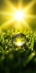 Wall Mural - Golden Hour Glimmer Macro Dewdrop Reflects Sunlight on Vibrant Green Grass, Nature s Harmony