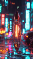 Poster - Neon Bullet Floating in Cyberpunk Cityscape at Night with Rain