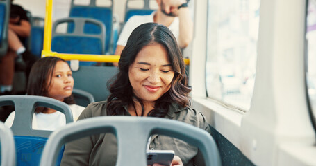 Poster - Travel, woman and smile with phone on bus for text message, social media post and morning commute. Window, passenger and smartphone on public transport for journey, streaming service and connection
