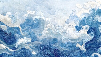 Poster - Vibrant abstract wave patterns, swirling blue and white hues create a dynamic oceanic feel, ideal for modern decor spaces.