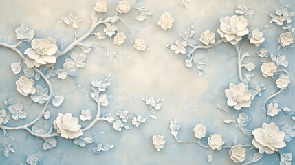 Poster - Abstract white spheres on soft blue background, minimalist aesthetic, perfect for modern design, ample copy-space available.