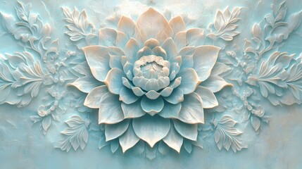 Poster - Intricate abstract design, light blue and white patterns with a central floral motif, perfect for modern decor or branding.