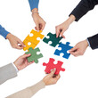 © jesmin - Hands holding a jigsaw puzzle piece represent teamwork and the concept of finding a business solution through connection and partnership