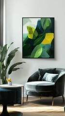 Poster - Modern Organic Art with Green Leaves in Clean Setting