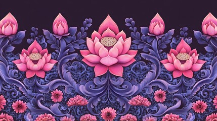 Poster - Vibrant floral pattern, bold pink and purple flowers on dark background, perfect for textile design or modern decor projects.