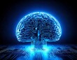 © Tori - A futuristic AI brain made of glowing blue circuits, floating in a cyber-tech environment