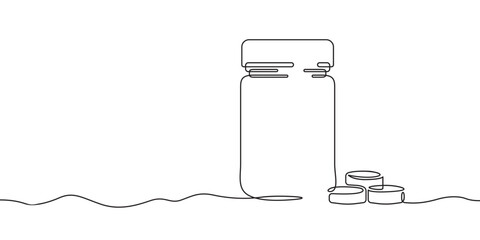 Poster - continuous one line drawing bottle with pills.medicine.medical symbol.