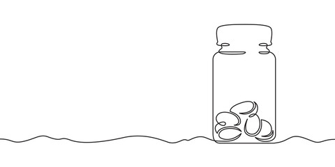 Poster - continuous one line drawing bottle with pills.medicine.medical symbol.