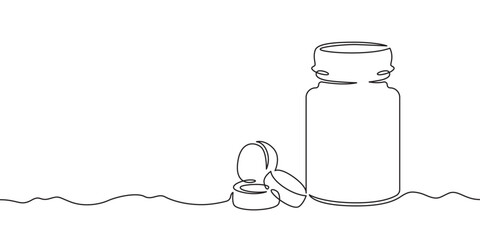 Poster - continuous one line drawing bottle with pills.medicine.medical symbol.