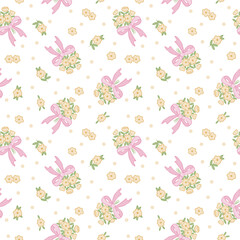 Poster - Cute pastel floral bow vector repeat pattern, girly spring flower ribbon seamless repeating tile design