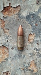 Poster - Weathered Bullet Resting on Textured Surface with Rusty Background