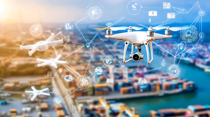 Poster - Drone surveying urban landscape aerial view technology city modern environment