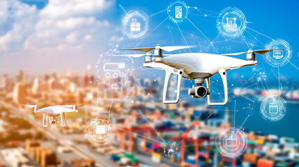 Poster - drone technology advancements in urban logistics aerial view of shipping port digital innovations mo
