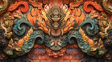 Poster - Vibrant abstract mural, colorful intricate patterns with mythical creatures and swirling designs, ideal for art project backgrounds.