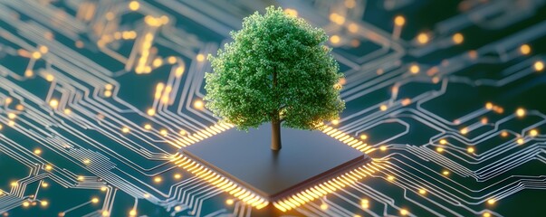 Poster - a digital tree growing from a microchip, symbolizing the fusion of nature and technology in a futuri