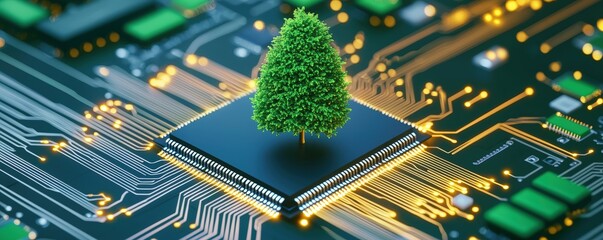 Poster - A digital tree stands atop a microchip, symbolizing the intersection of technology and nature, Green Technology.