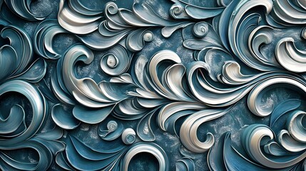 Poster - Artistic wave patterns, intricate silver swirls on a deep blue background, perfect for creative projects or modern designs.