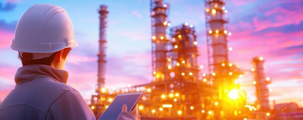 Poster - A worker in a helmet observes an industrial site with towering structures and glowing lights against a colorful sunset, Green Technology.