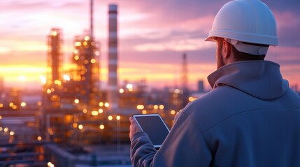 Poster - A worker in a hard hat uses a tablet while overlooking an industrial facility at sunset, showcasing technology in a modern environment, Green Technology.
