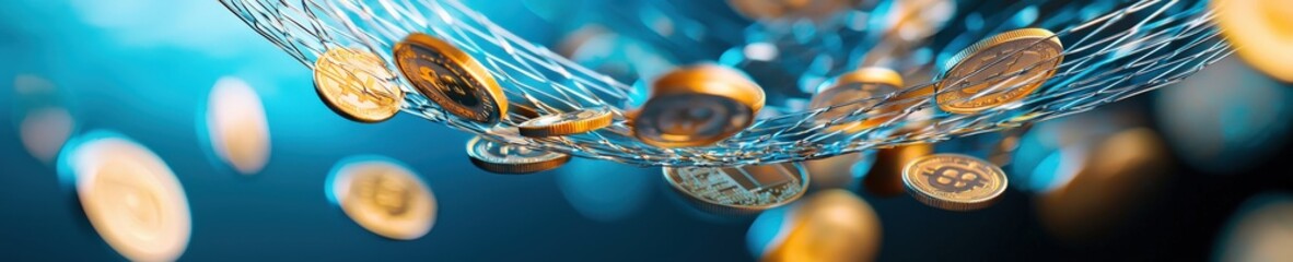 A conceptual artwork of a financial safety net catching falling coins.