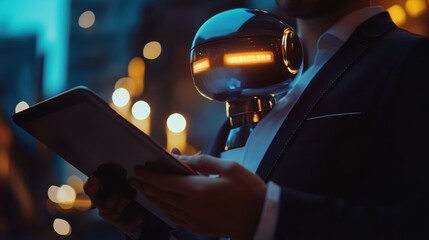 Poster - Close up of businessman hand holding tablet with glowing robot head on blurry background. Chat bot and customer service concept.