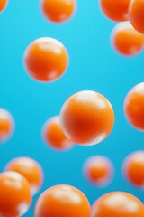 Poster - Vertical 3D rendered illustration of falling orange balls against a contrasting blue background, with dynamic shadows and reflections.