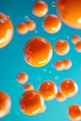 Poster - Vertical 3D rendered illustration of falling orange balls against a contrasting blue background, with dynamic shadows and reflections.