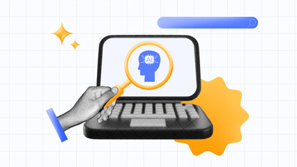halftone collage, AI search with a laptop, magnifying glass, and digital brain icon. SEO, artificial intelligence, machine learning, and technology-related content marketing visuals