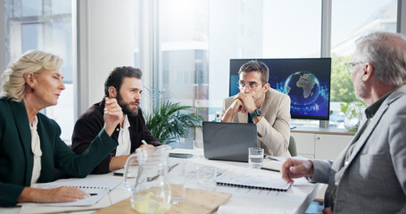 Poster - Collaboration, meeting and problem solving with business people in office boardroom together for portfolio management. Accounting, budget and finance with employee team at work for damage control