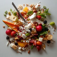 Poster - Overhead Arrangement Of Assorted Fresh Food Items Including Fruit Vegetables And Cheese With Metal Fork On White Surface