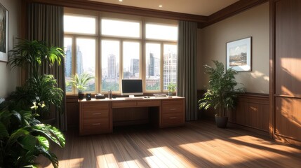 Poster - Elegant Office Interior with Wooden Desk Large Windows and Cityscape View in Bright Sunlight