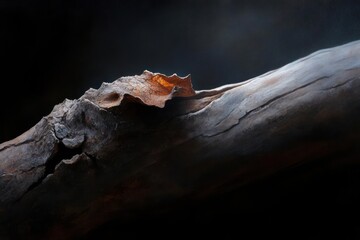 Poster - Close Up Of A Textured Wooden Branch With Orange And Yellow Glowing Highlights And Dark Background