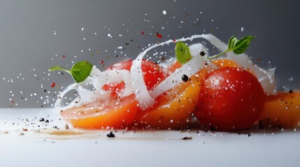 Poster - Close-up of tomato salad with onion and herbs on white surface with spice sprinkles